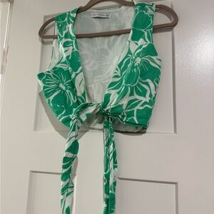 Faithfull the Brand Teal Floral Tie-Front Crop Top